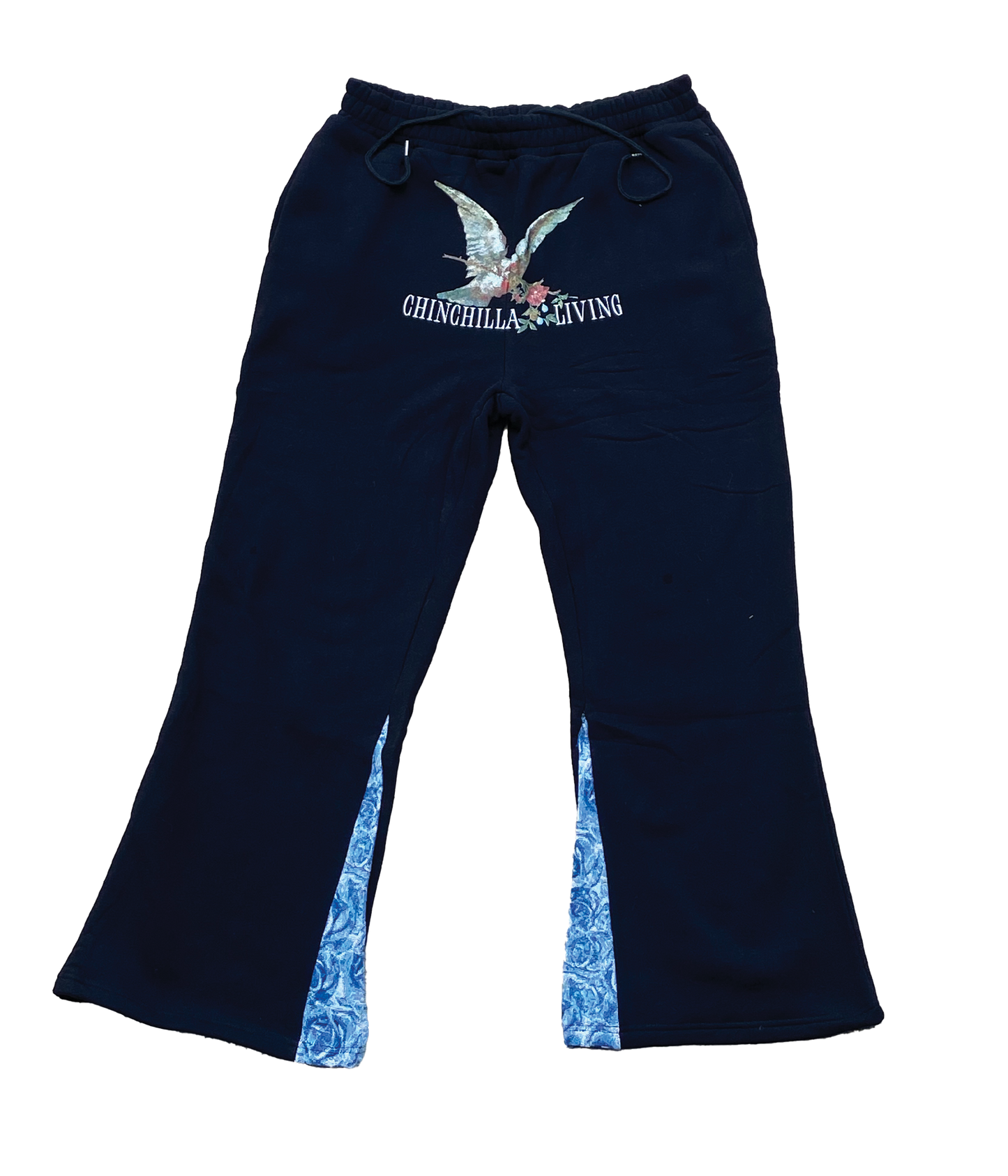 Chinchilla Living "Doves & Roses" Flare Sweatpants Black & Blue