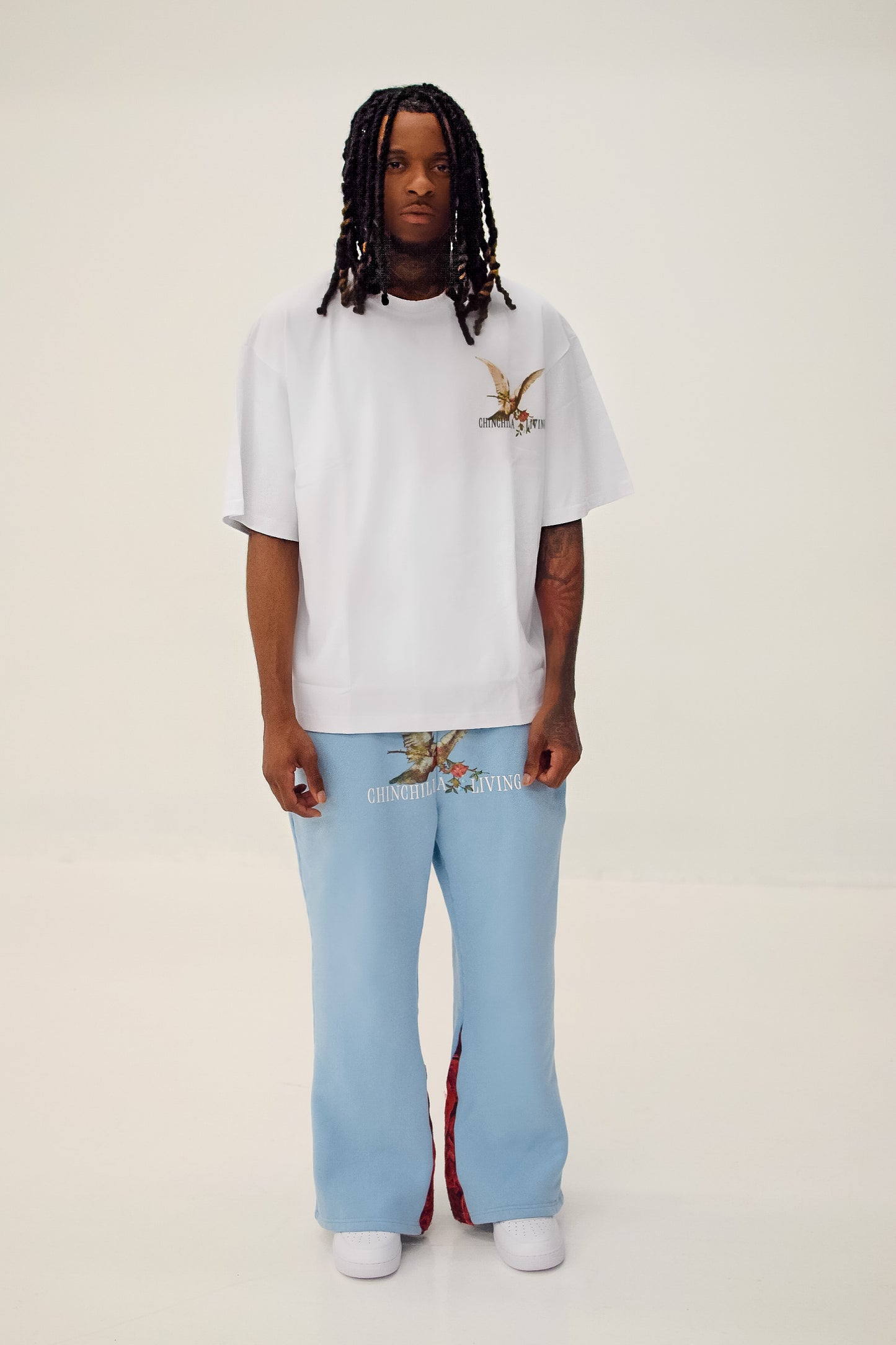 Chinchilla Living "Doves & Roses" Flare Sweatpants Red & Blue