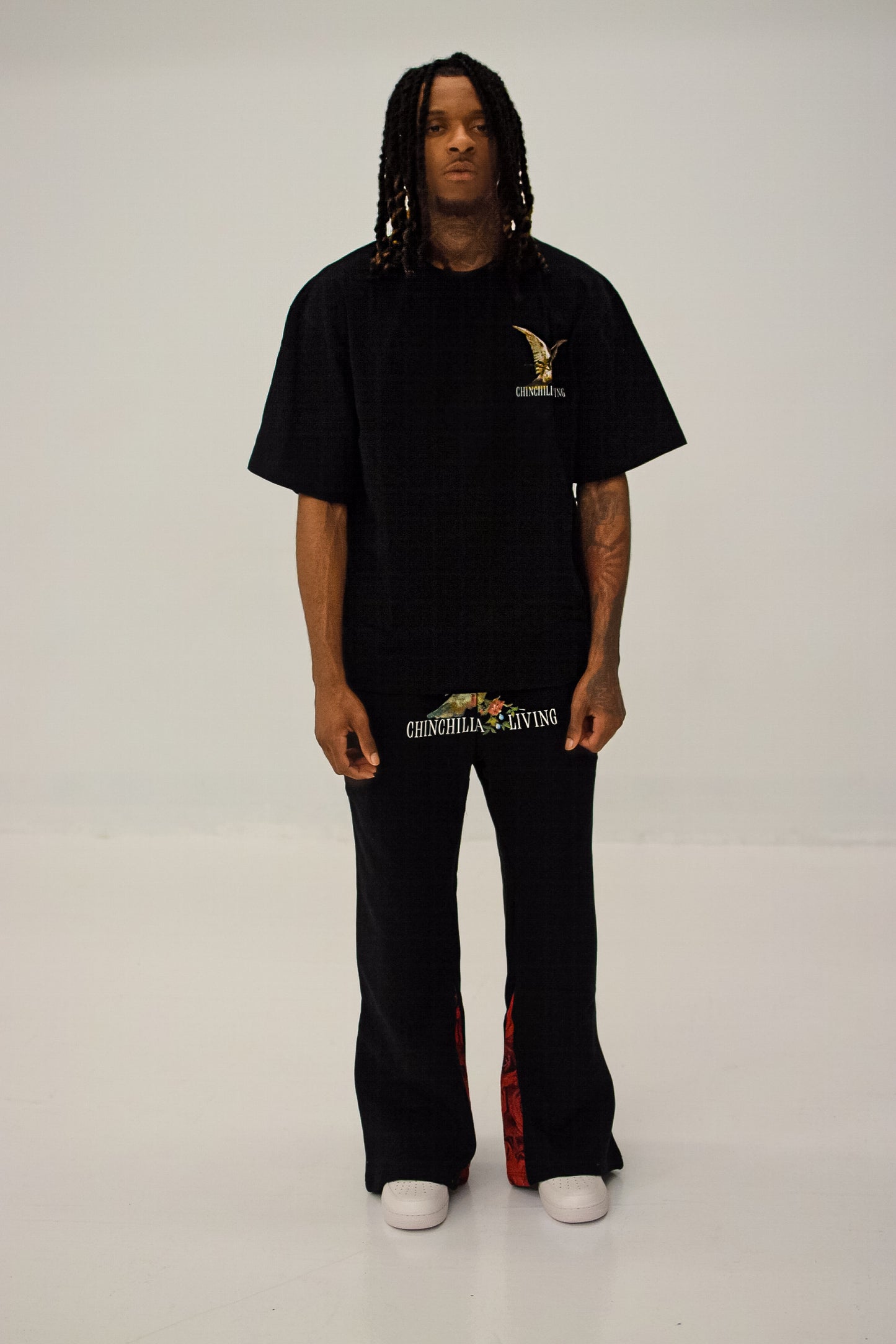 Chinchilla Living "Doves & Roses" Flare Sweatpants Black & Red