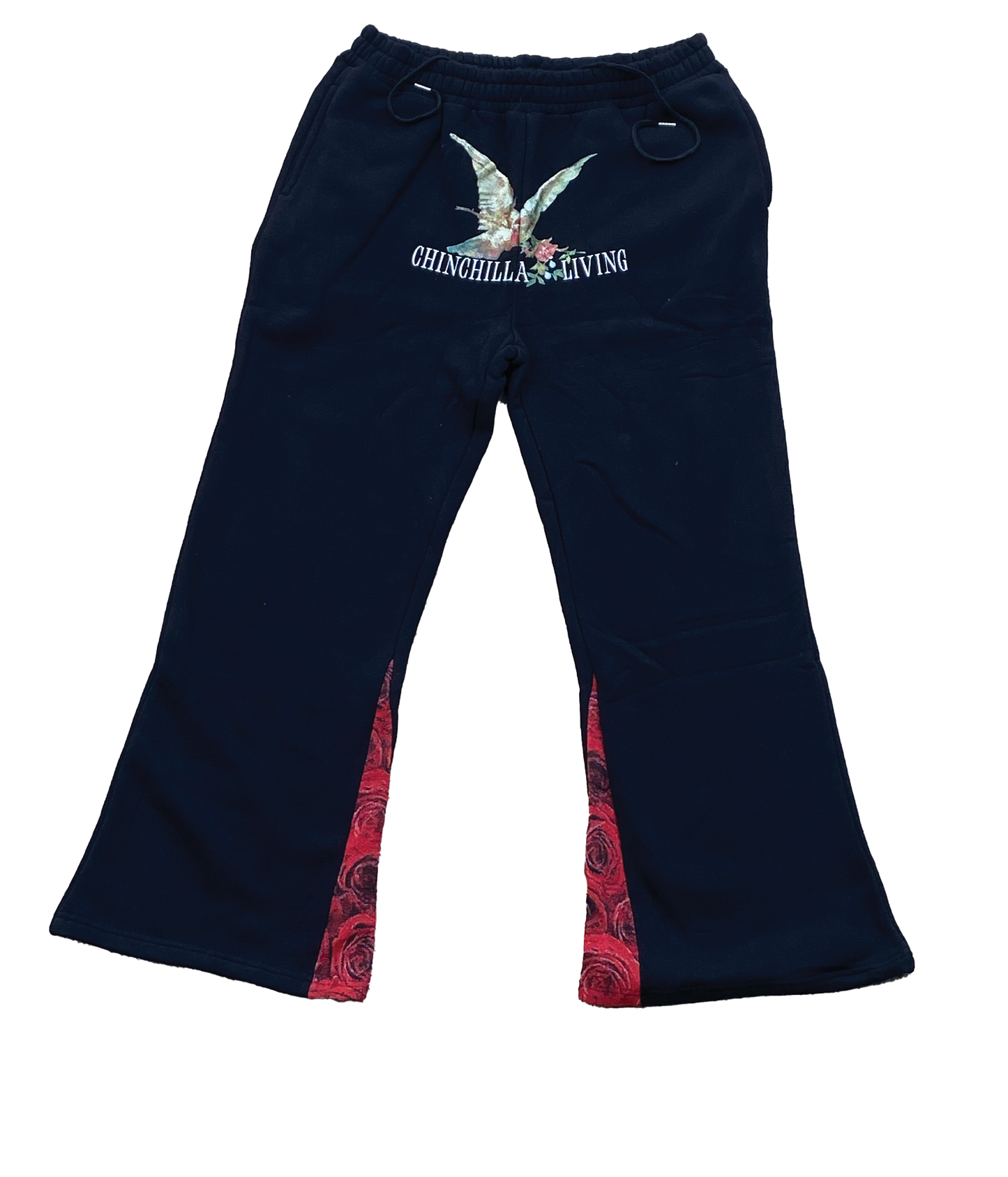 Chinchilla Living "Doves & Roses" Flare Sweatpants Black & Red